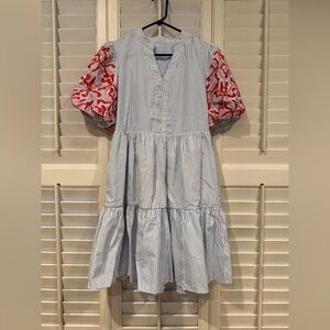 Blue & White Striped Dress with Coral Embroidery Details Women’s Size Medium